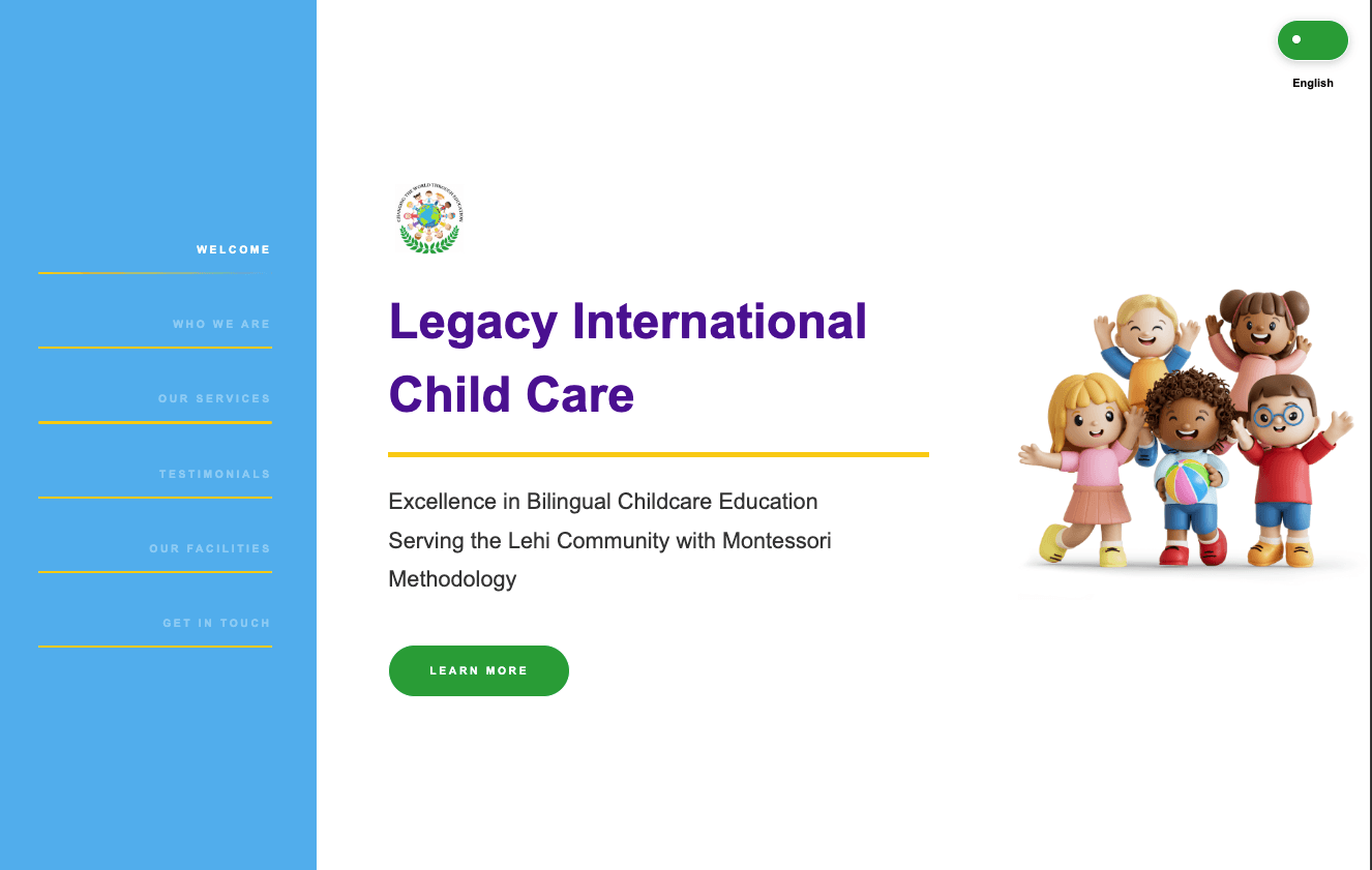 Legacy International Child Care website hero section